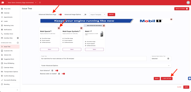 Advanced Selections Menu