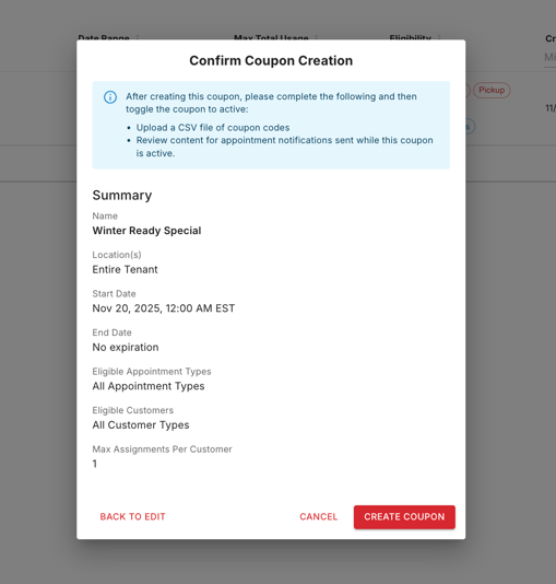 Confirm Coupon Creation Screen