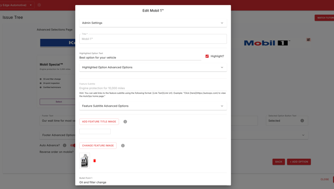 Edit Advanced Selections Screen