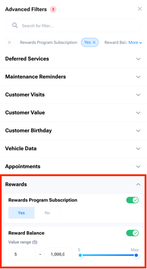 Rewards Advanced Filters